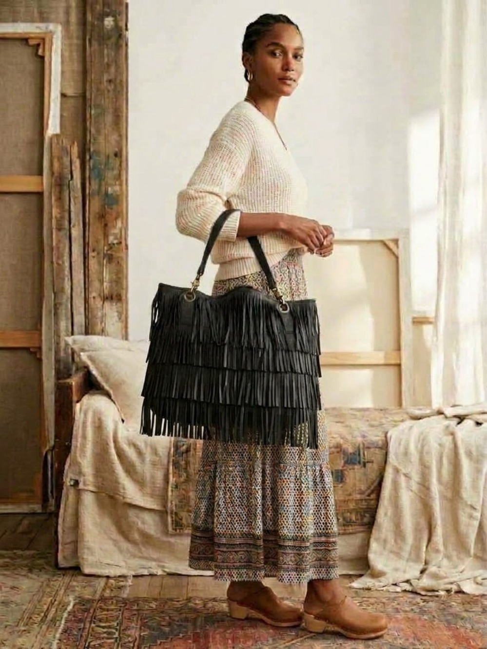 Raj Anthropologie Vintage Boho Black 100% Genuine Leather Tiered Fringe Bag